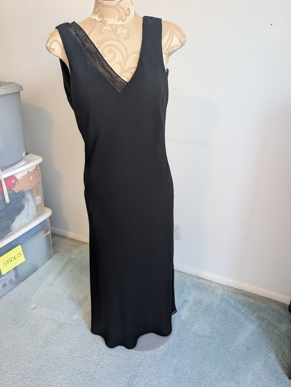 Elegant Black V-Neck Slip Dress with Sheer Beaded Trim